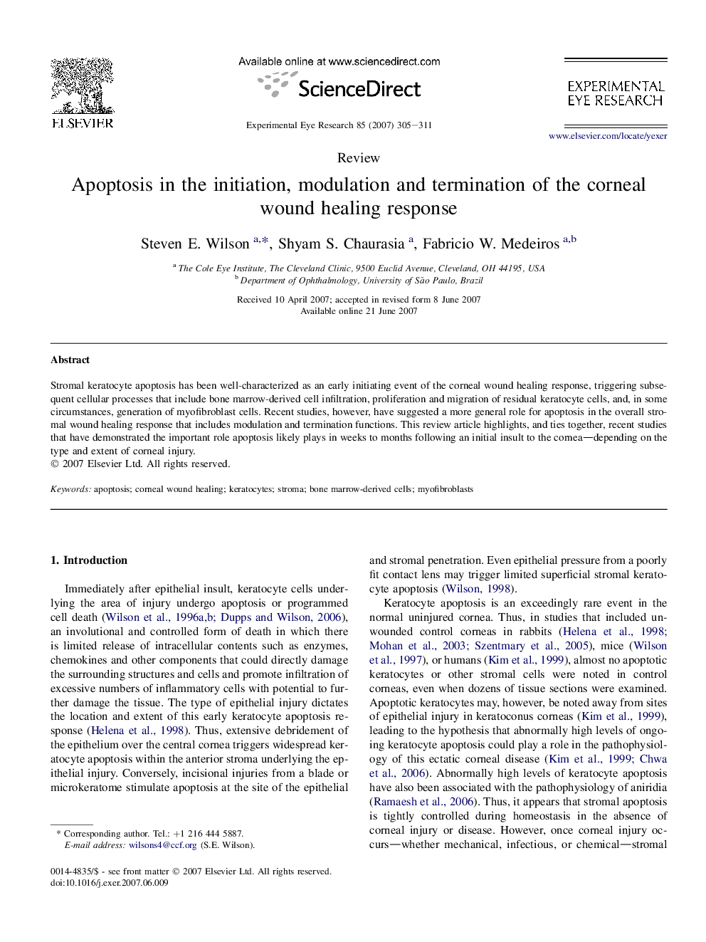 Apoptosis in the initiation, modulation and termination of the corneal wound healing response