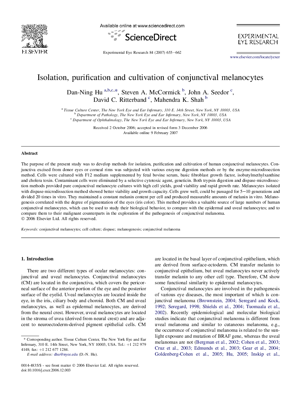 Isolation, purification and cultivation of conjunctival melanocytes