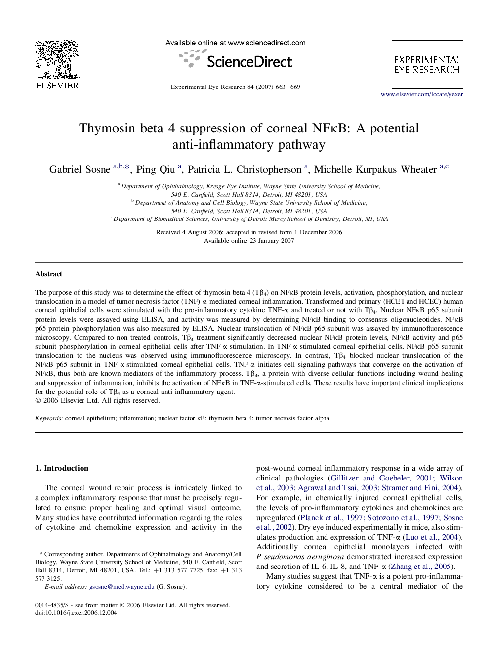 Thymosin beta 4 suppression of corneal NFκB: A potential anti-inflammatory pathway