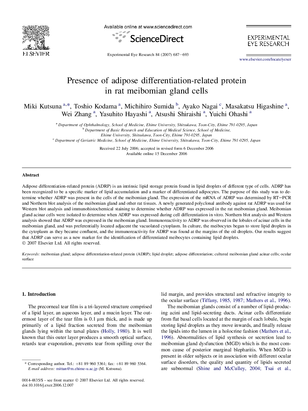 Presence of adipose differentiation-related protein in rat meibomian gland cells