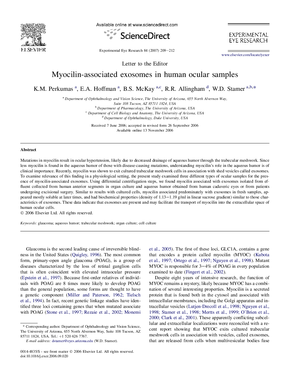 Myocilin-associated exosomes in human ocular samples