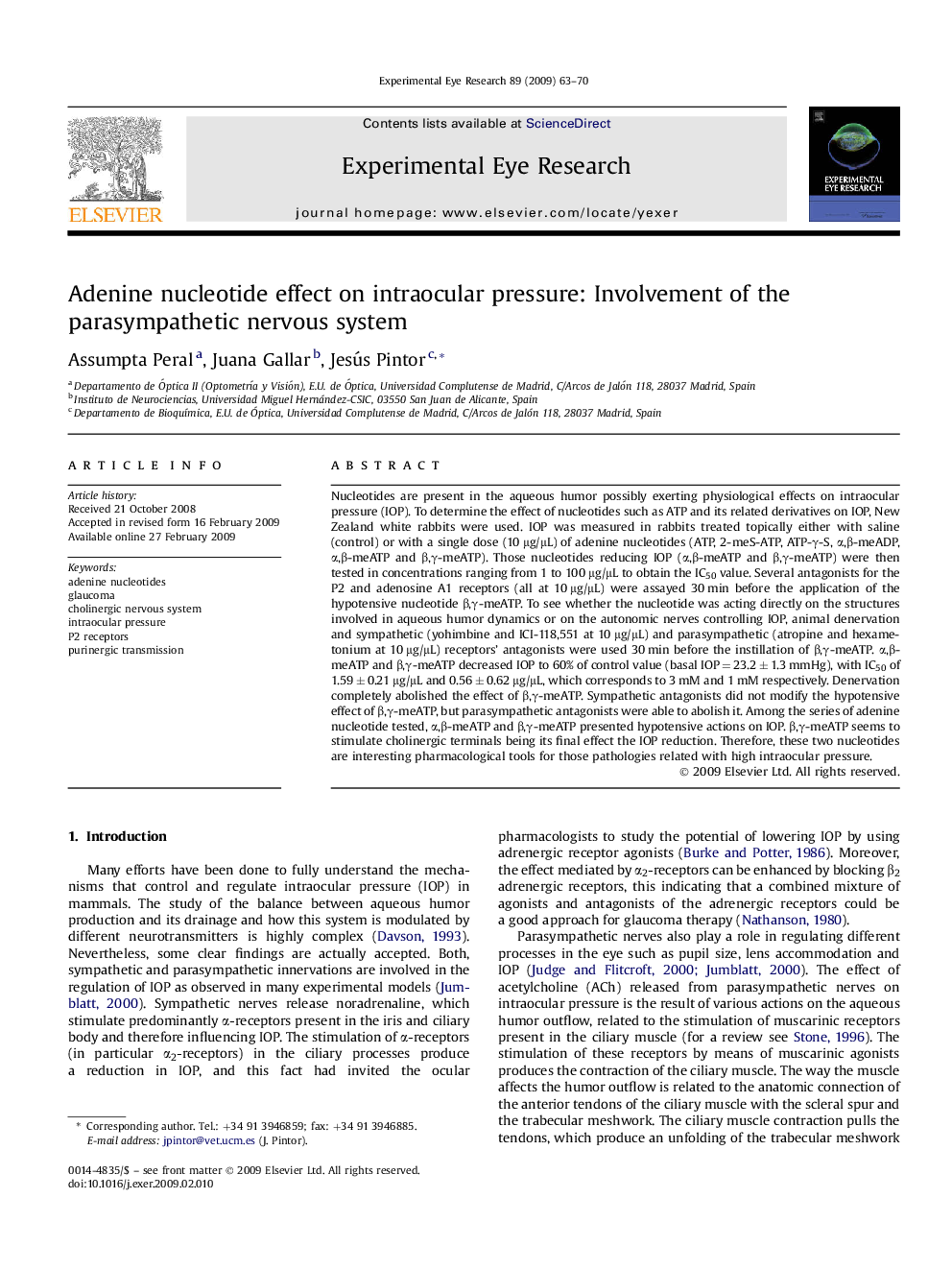 Adenine nucleotide effect on intraocular pressure: Involvement of the parasympathetic nervous system