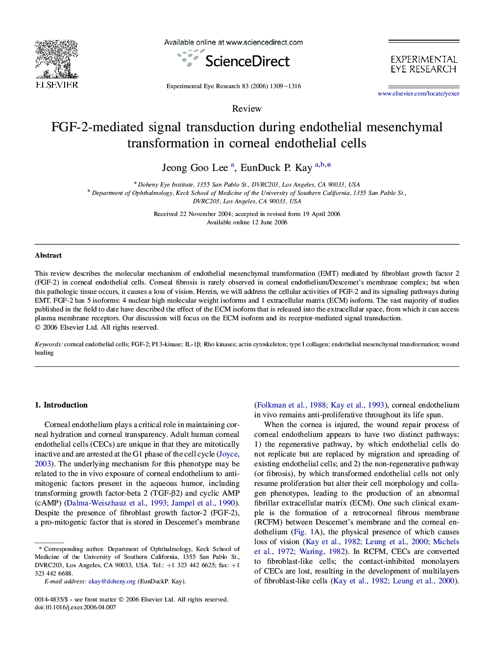 FGF-2-mediated signal transduction during endothelial mesenchymal transformation in corneal endothelial cells