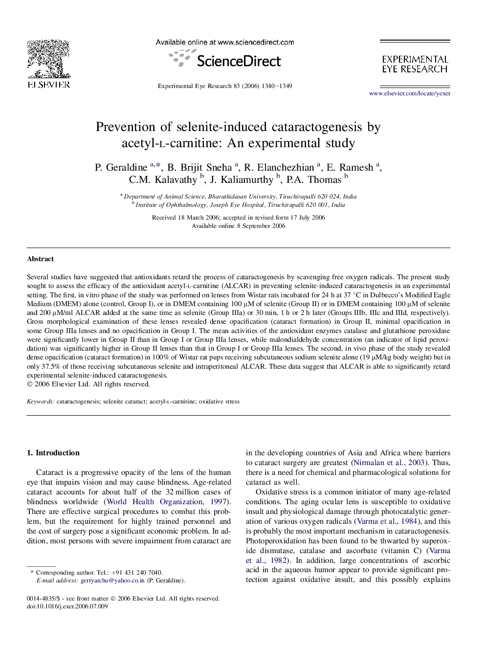 Prevention of selenite-induced cataractogenesis by acetyl-l-carnitine: An experimental study