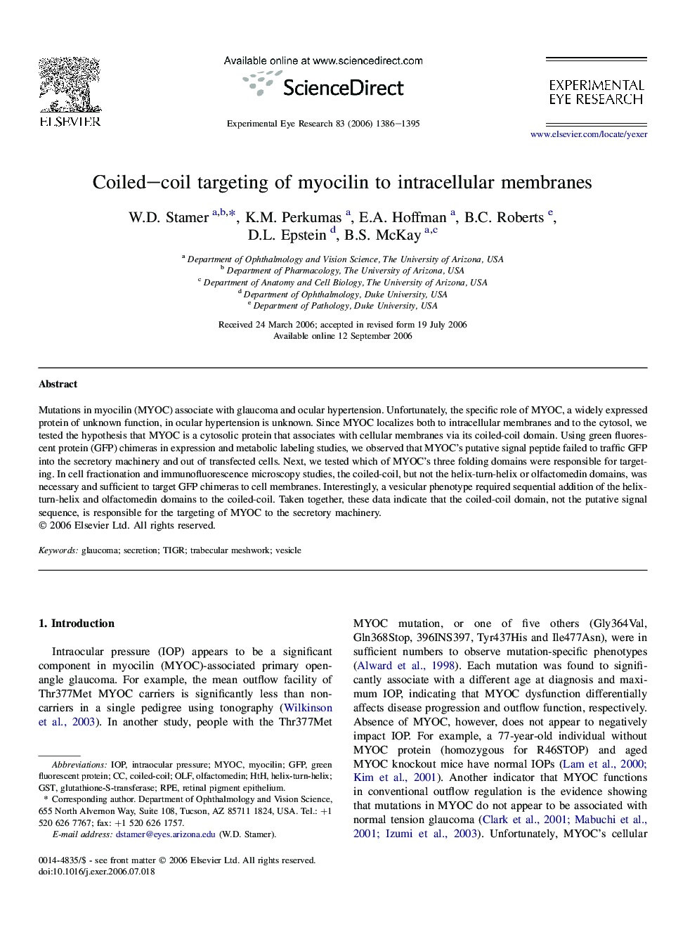 Coiled–coil targeting of myocilin to intracellular membranes