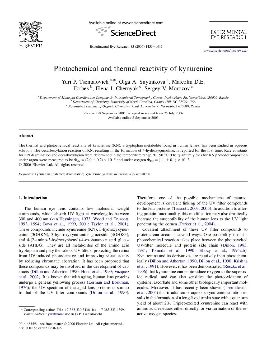 Photochemical and thermal reactivity of kynurenine