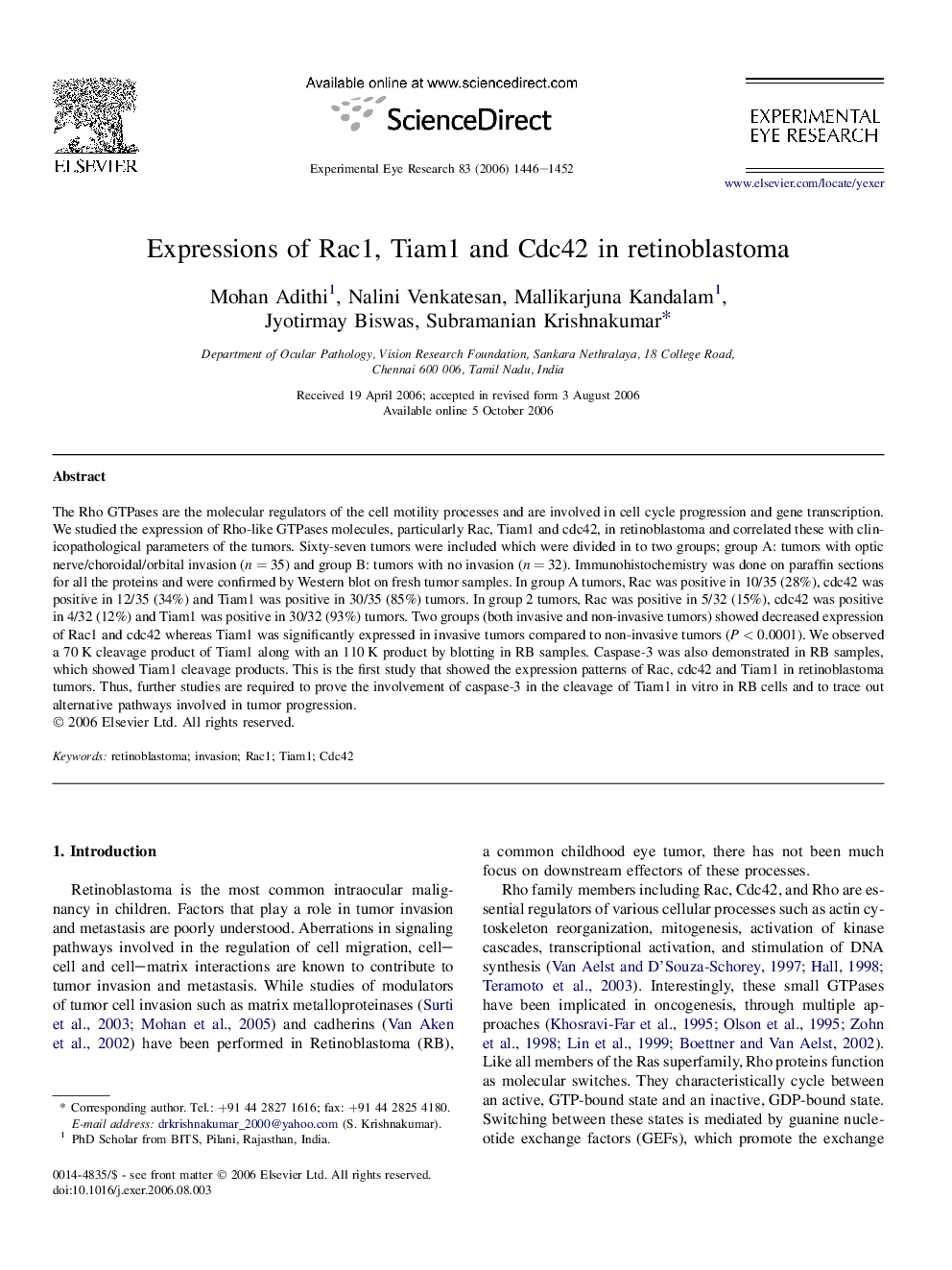 Expressions of Rac1, Tiam1 and Cdc42 in retinoblastoma