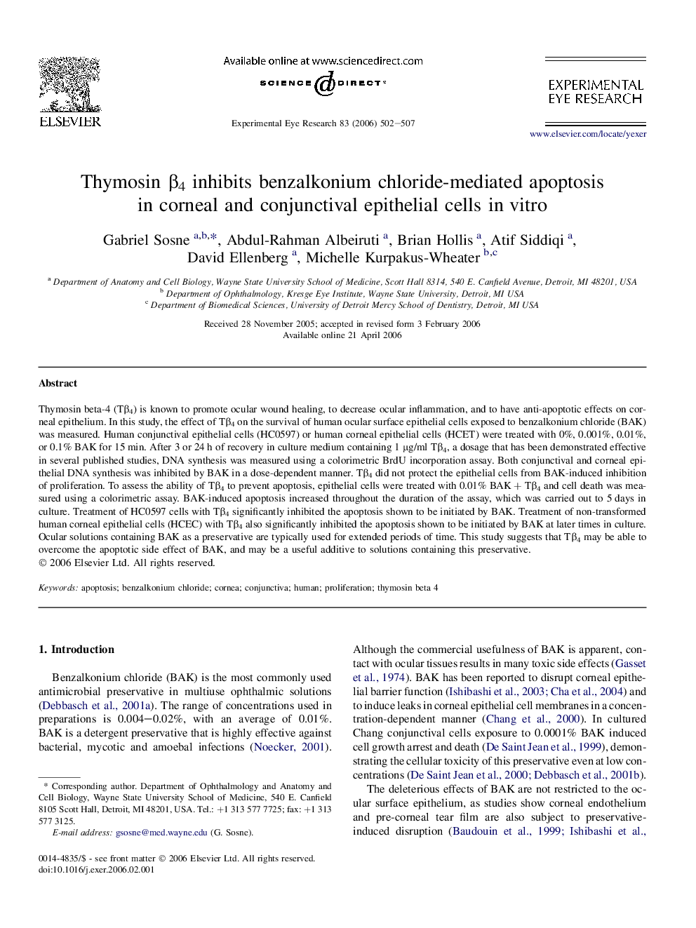 Thymosin β4 inhibits benzalkonium chloride-mediated apoptosis in corneal and conjunctival epithelial cells in vitro