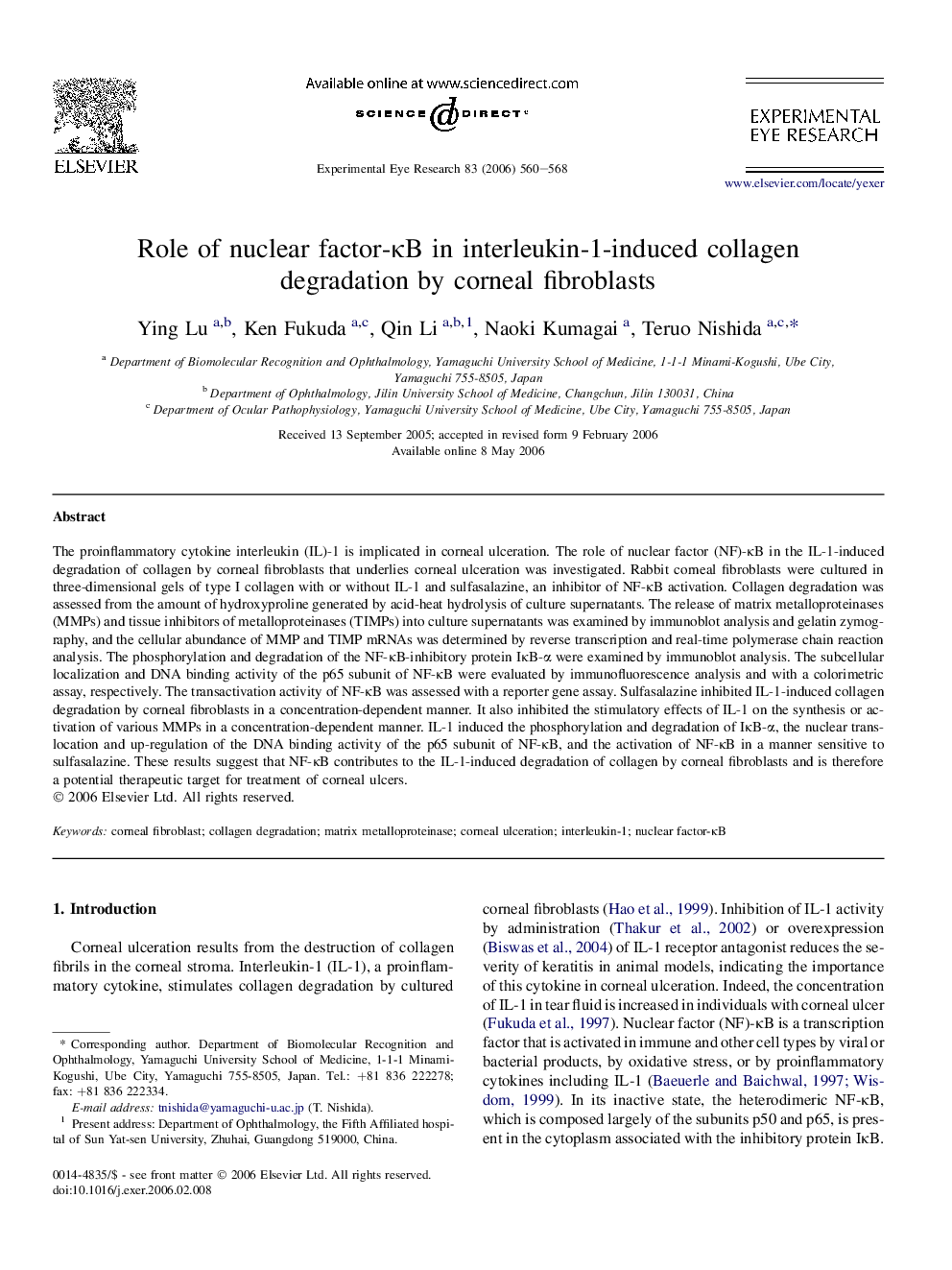 Role of nuclear factor-κB in interleukin-1-induced collagen degradation by corneal fibroblasts