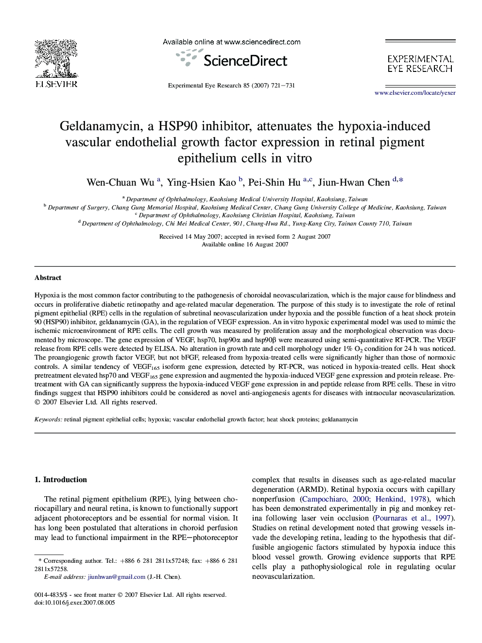 Geldanamycin, a HSP90 inhibitor, attenuates the hypoxia-induced vascular endothelial growth factor expression in retinal pigment epithelium cells in vitro