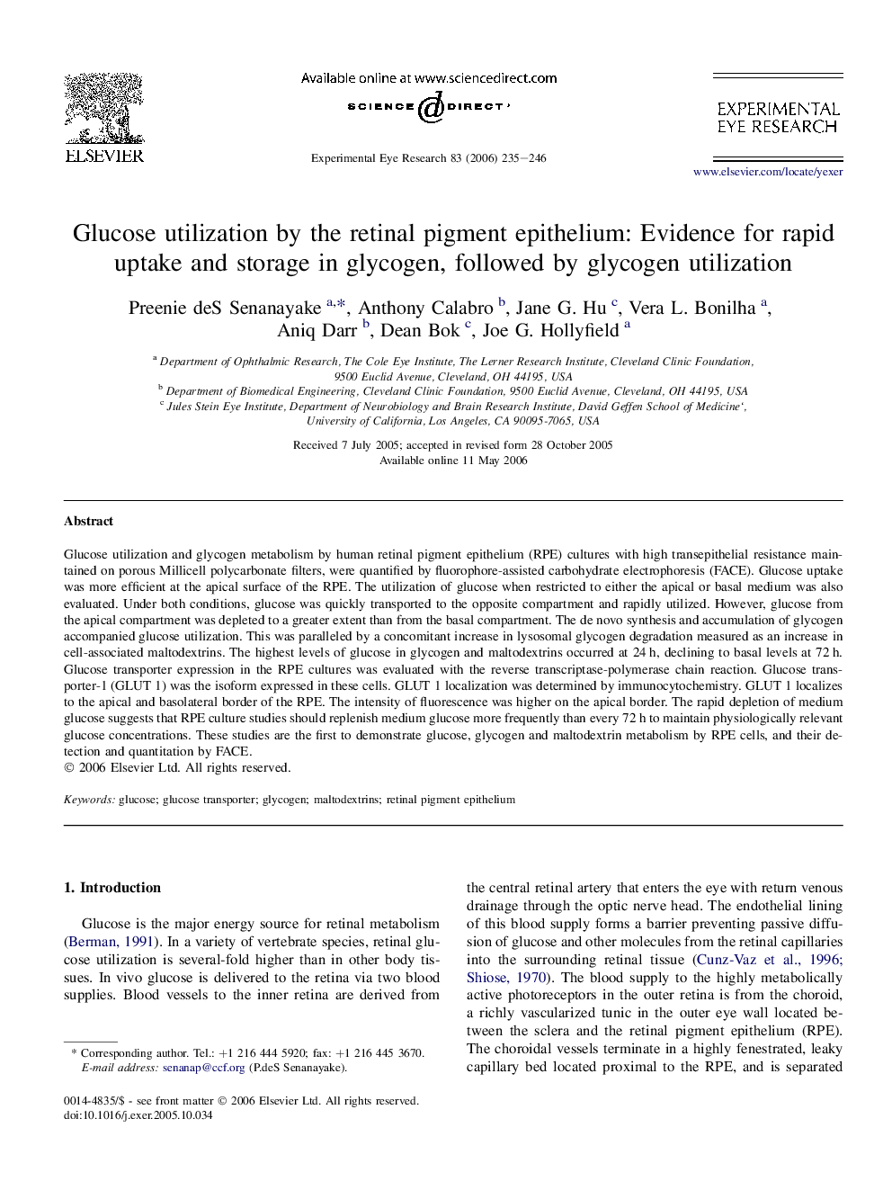 Glucose utilization by the retinal pigment epithelium: Evidence for rapid uptake and storage in glycogen, followed by glycogen utilization