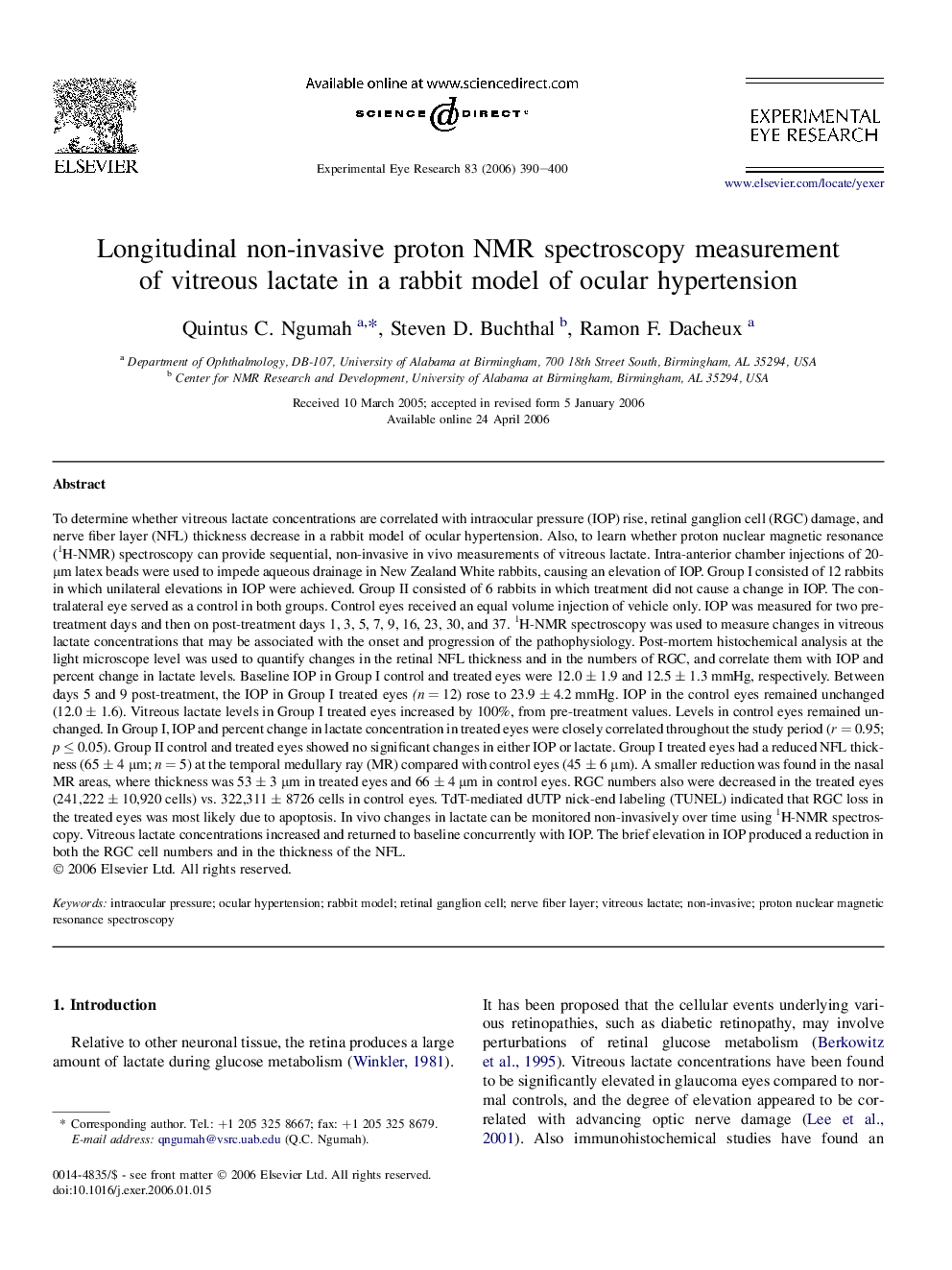 Longitudinal non-invasive proton NMR spectroscopy measurement of vitreous lactate in a rabbit model of ocular hypertension