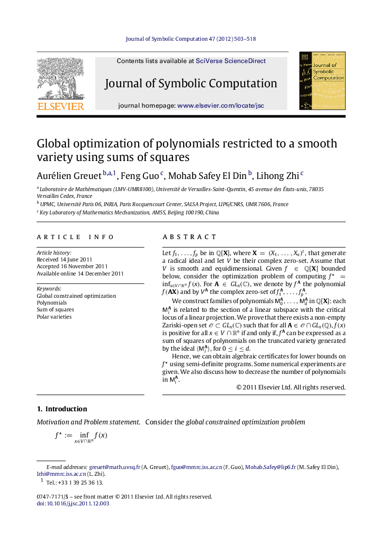 Global optimization of polynomials restricted to a smooth variety using sums of squares