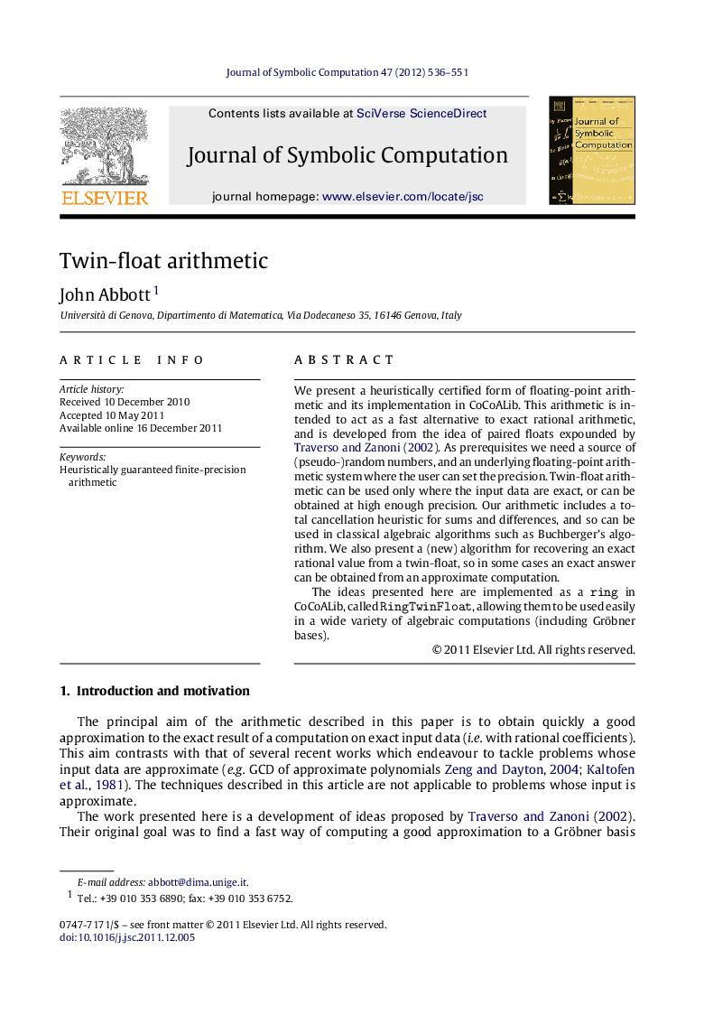 عکس صفحه اول مقاله: Twin-float arithmetic Twin-float arithmetic