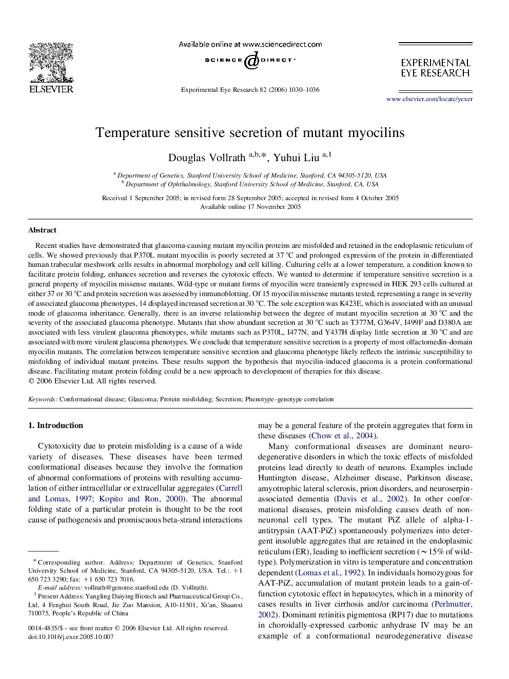 Temperature sensitive secretion of mutant myocilins