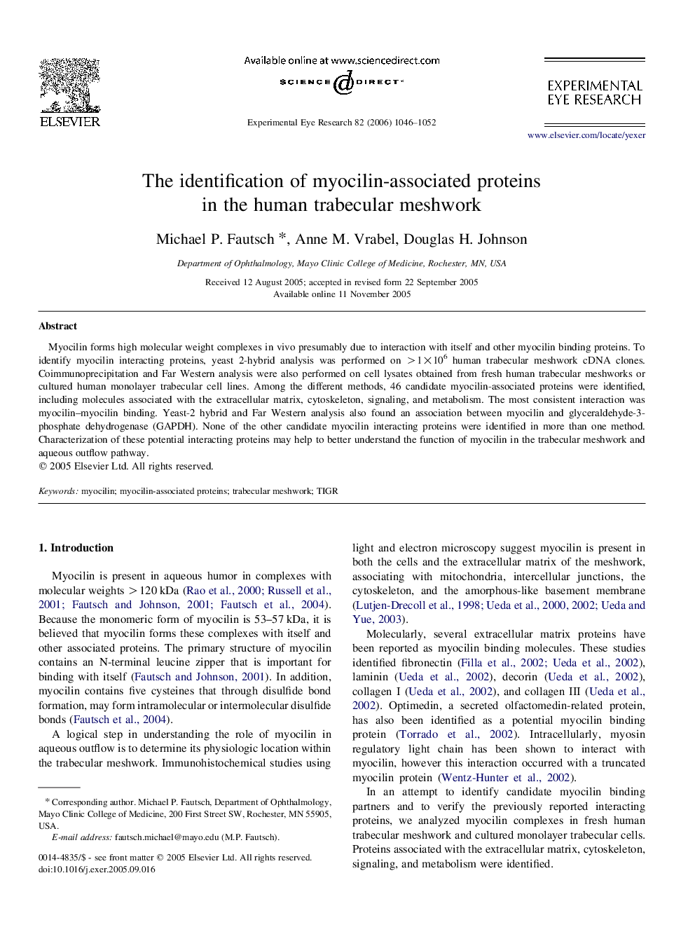 The identification of myocilin-associated proteins in the human trabecular meshwork