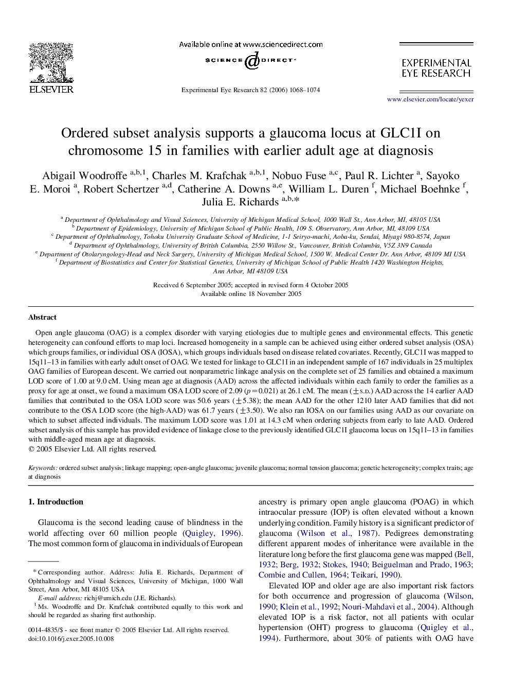 Ordered subset analysis supports a glaucoma locus at GLC1I on chromosome 15 in families with earlier adult age at diagnosis