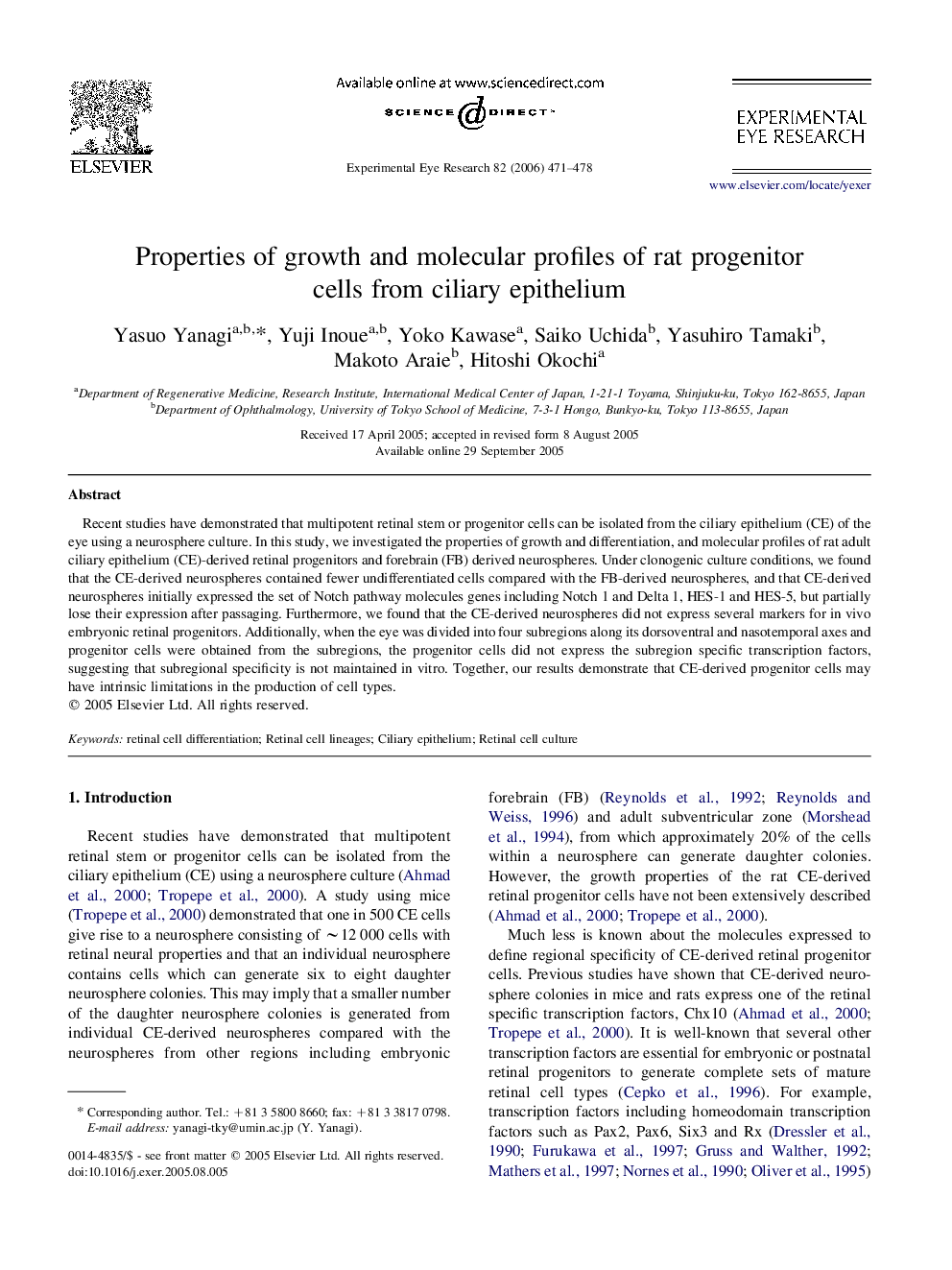 Properties of growth and molecular profiles of rat progenitor cells from ciliary epithelium