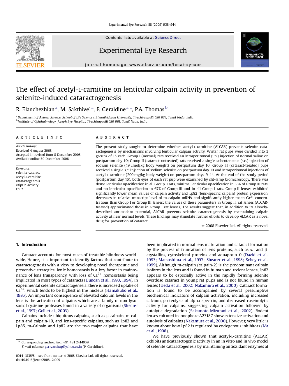 The effect of acetyl-l-carnitine on lenticular calpain activity in prevention of selenite-induced cataractogenesis