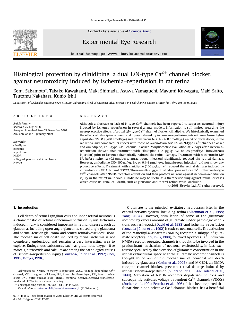 Histological protection by cilnidipine, a dual L/N-type Ca2+ channel blocker, against neurotoxicity induced by ischemia–reperfusion in rat retina