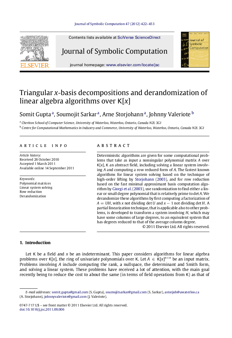 Triangular xx-basis decompositions and derandomization of linear algebra algorithms over K[x]