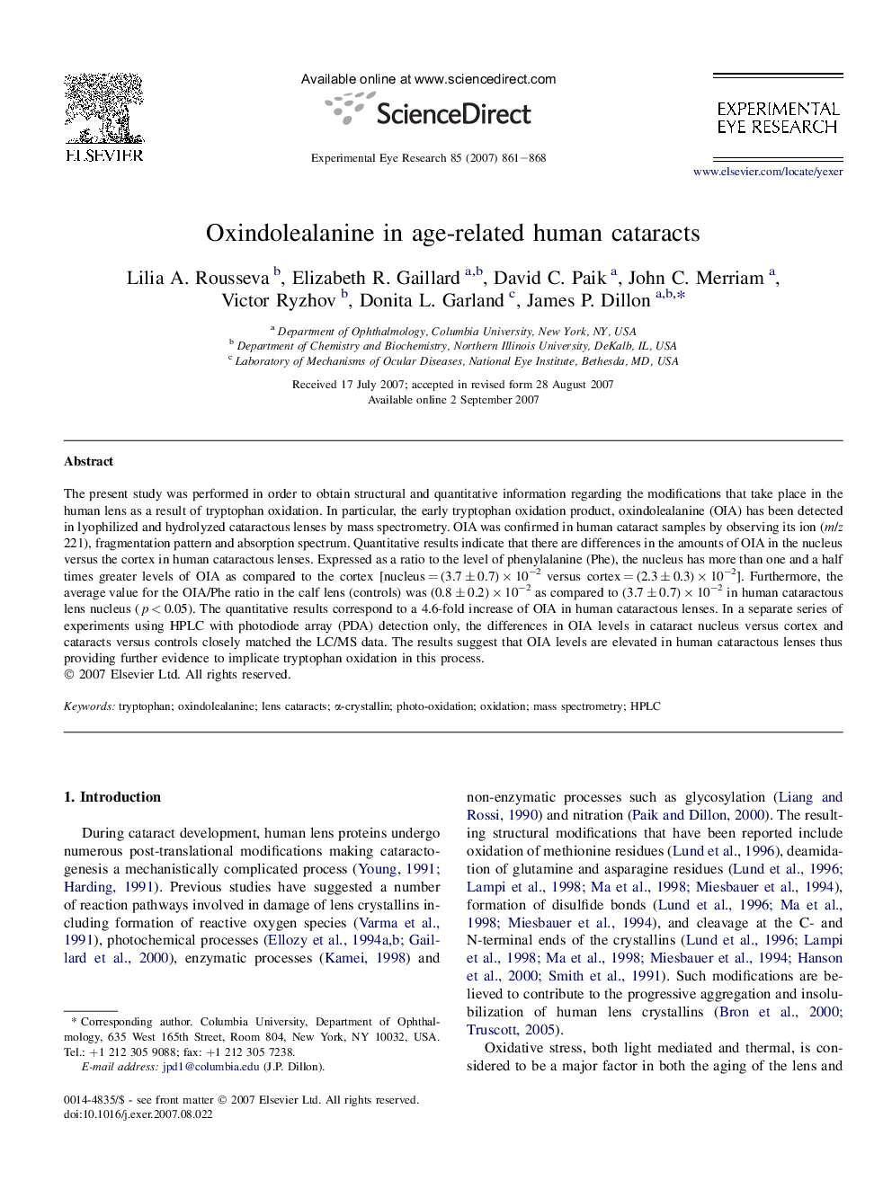 Oxindolealanine in age-related human cataracts