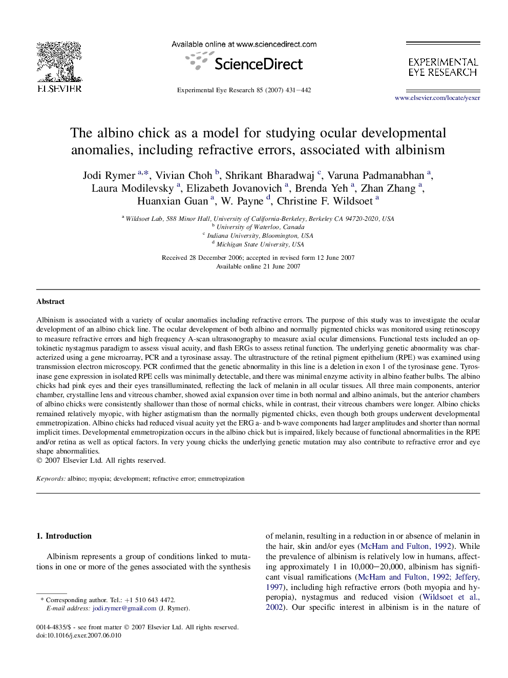 The albino chick as a model for studying ocular developmental anomalies, including refractive errors, associated with albinism