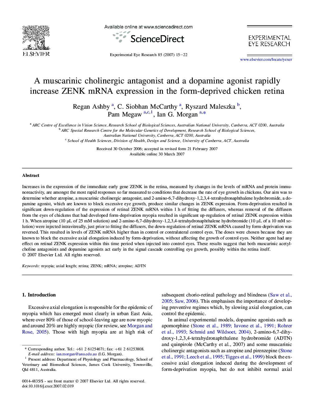 A muscarinic cholinergic antagonist and a dopamine agonist rapidly increase ZENK mRNA expression in the form-deprived chicken retina