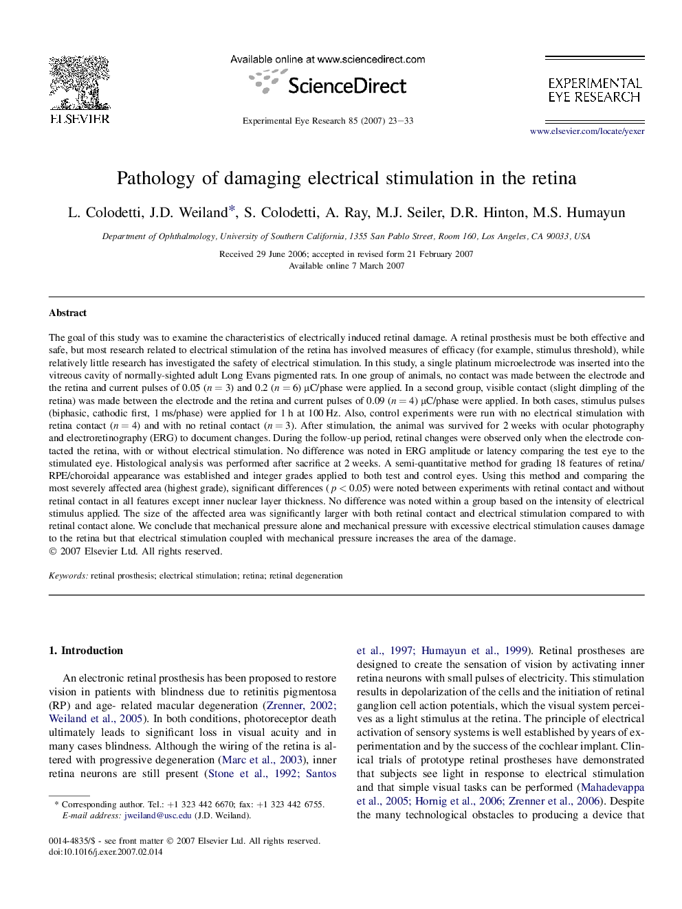 Pathology of damaging electrical stimulation in the retina