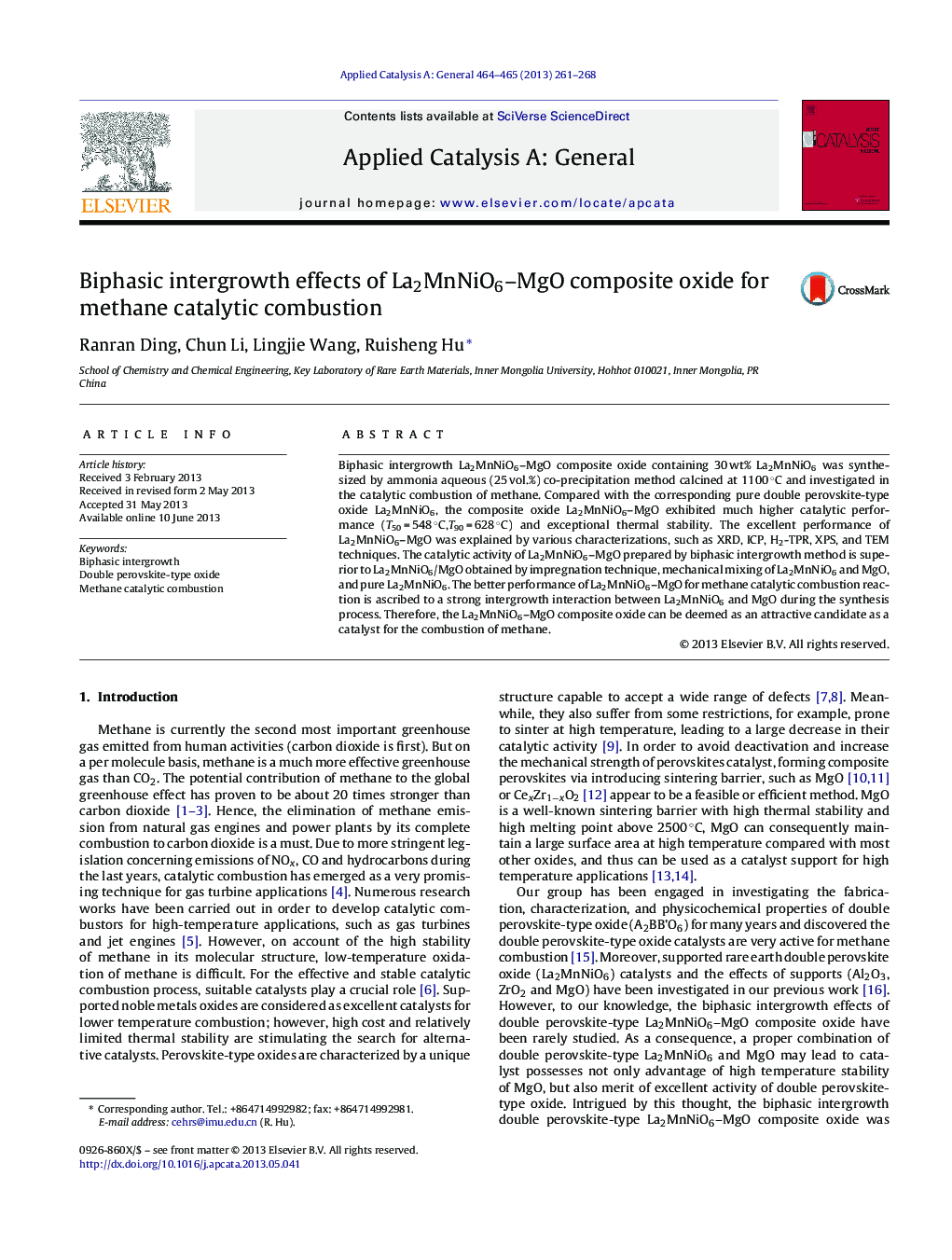 Biphasic intergrowth effects of La2MnNiO6–MgO composite oxide for methane catalytic combustion