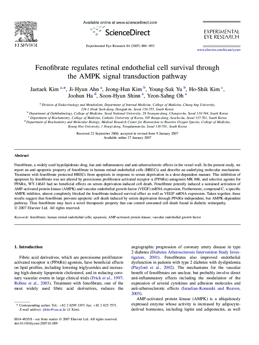 Fenofibrate regulates retinal endothelial cell survival through the AMPK signal transduction pathway