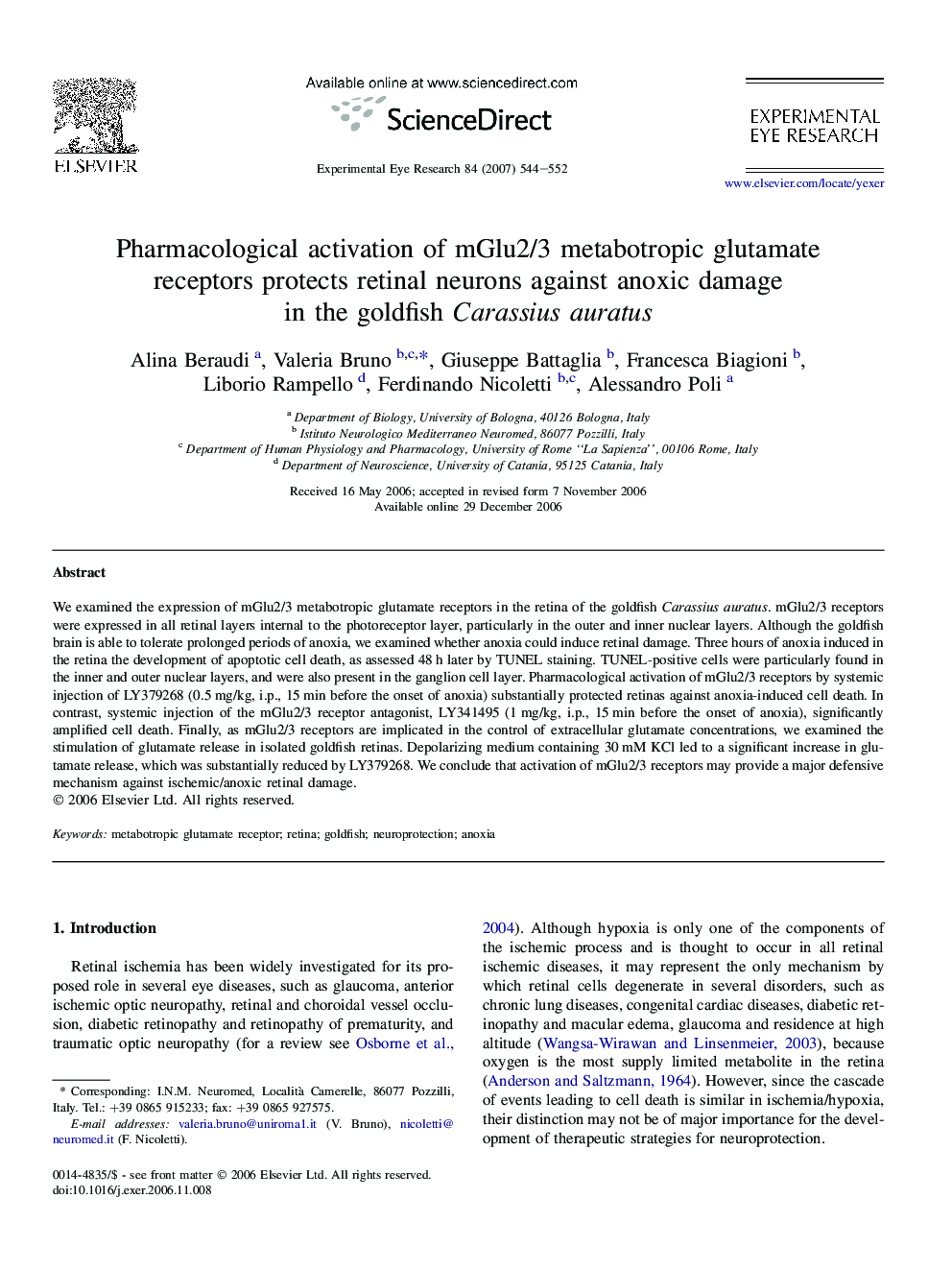 Pharmacological activation of mGlu2/3 metabotropic glutamate receptors protects retinal neurons against anoxic damage in the goldfish Carassius auratus