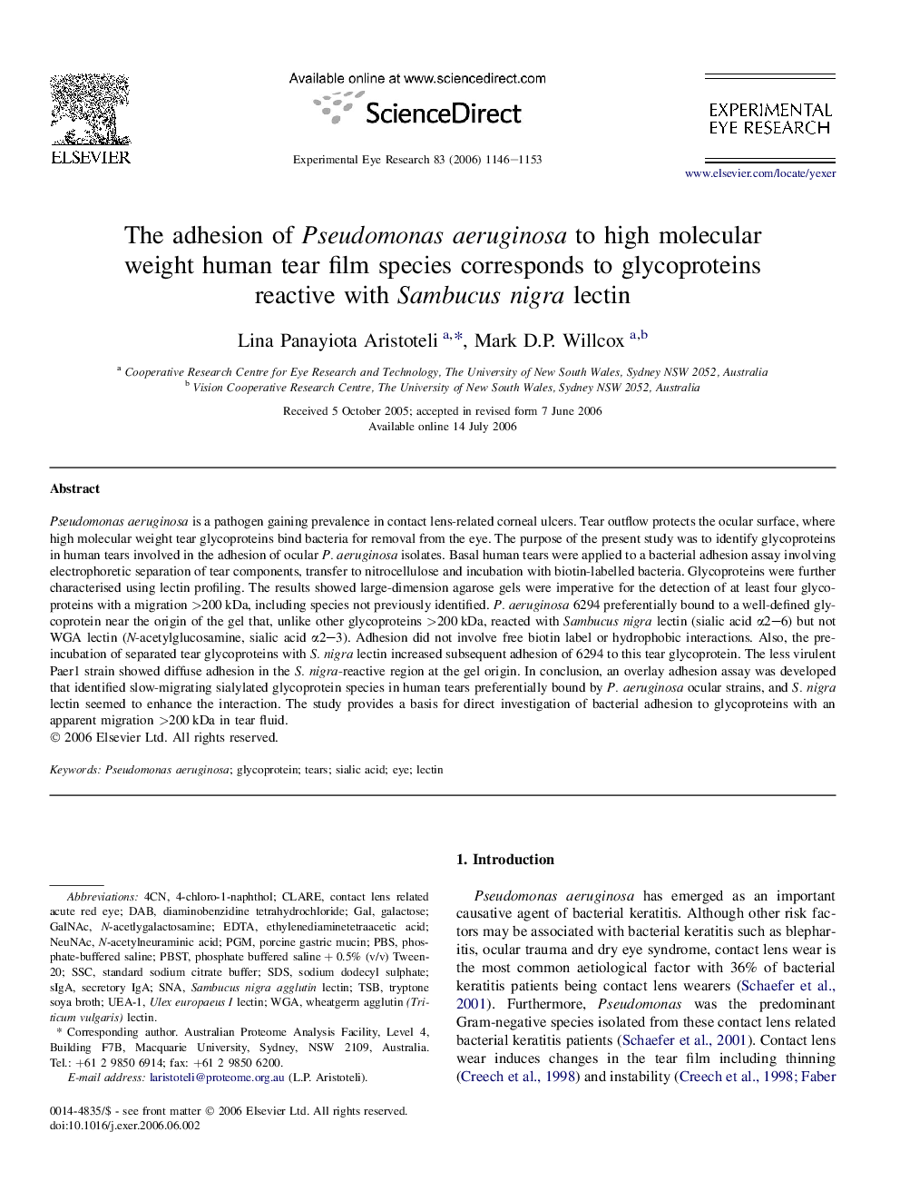 The adhesion of Pseudomonas aeruginosa to high molecular weight human tear film species corresponds to glycoproteins reactive with Sambucus nigra lectin