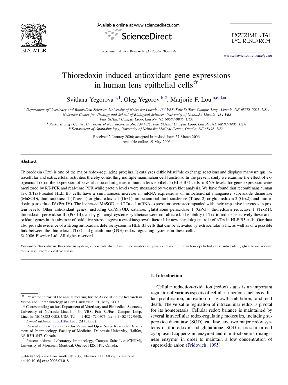 Thioredoxin induced antioxidant gene expressions in human lens epithelial cells 