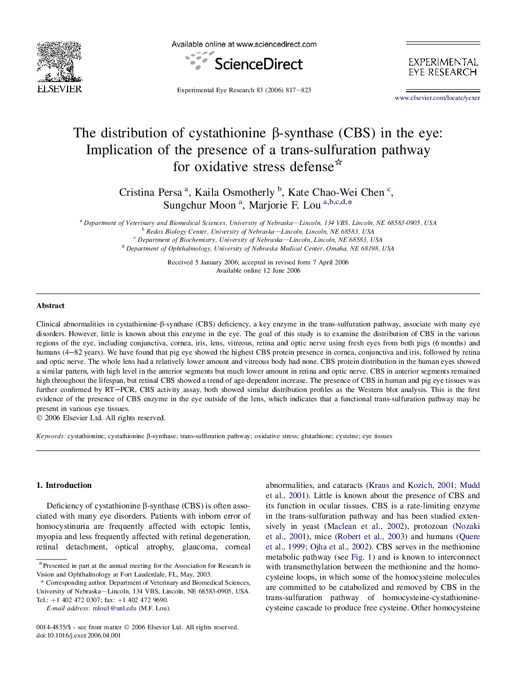 The distribution of cystathionine β-synthase (CBS) in the eye: Implication of the presence of a trans-sulfuration pathway for oxidative stress defense 