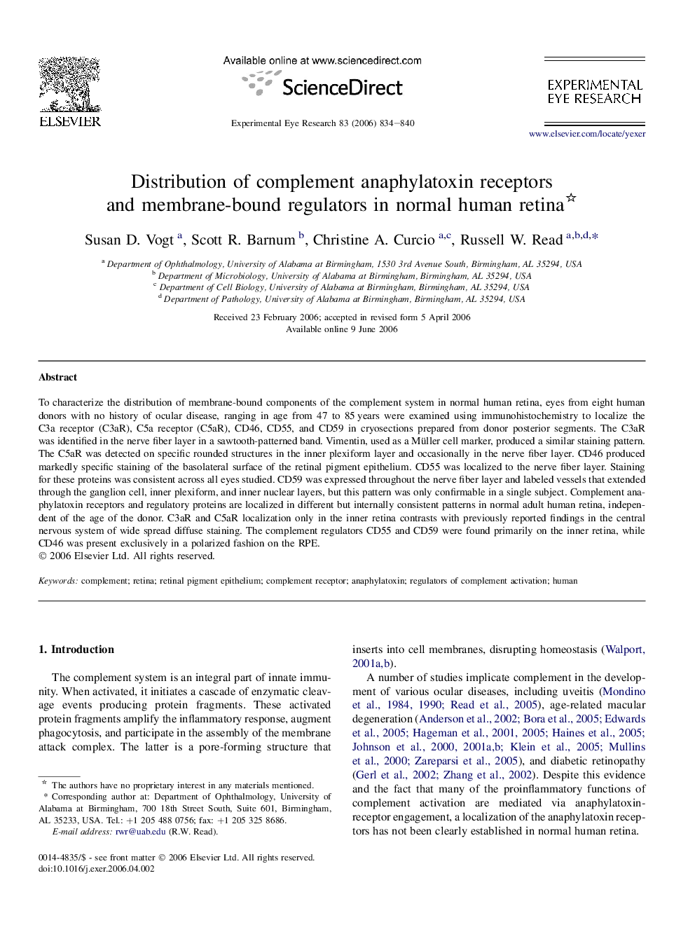 Distribution of complement anaphylatoxin receptors and membrane-bound regulators in normal human retina 