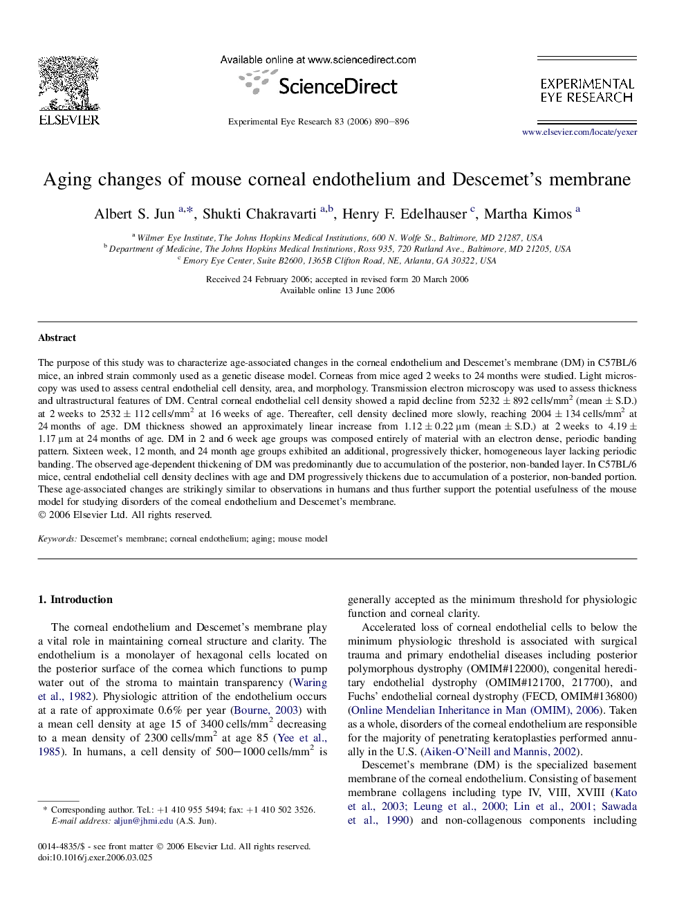 Aging changes of mouse corneal endothelium and Descemet's membrane