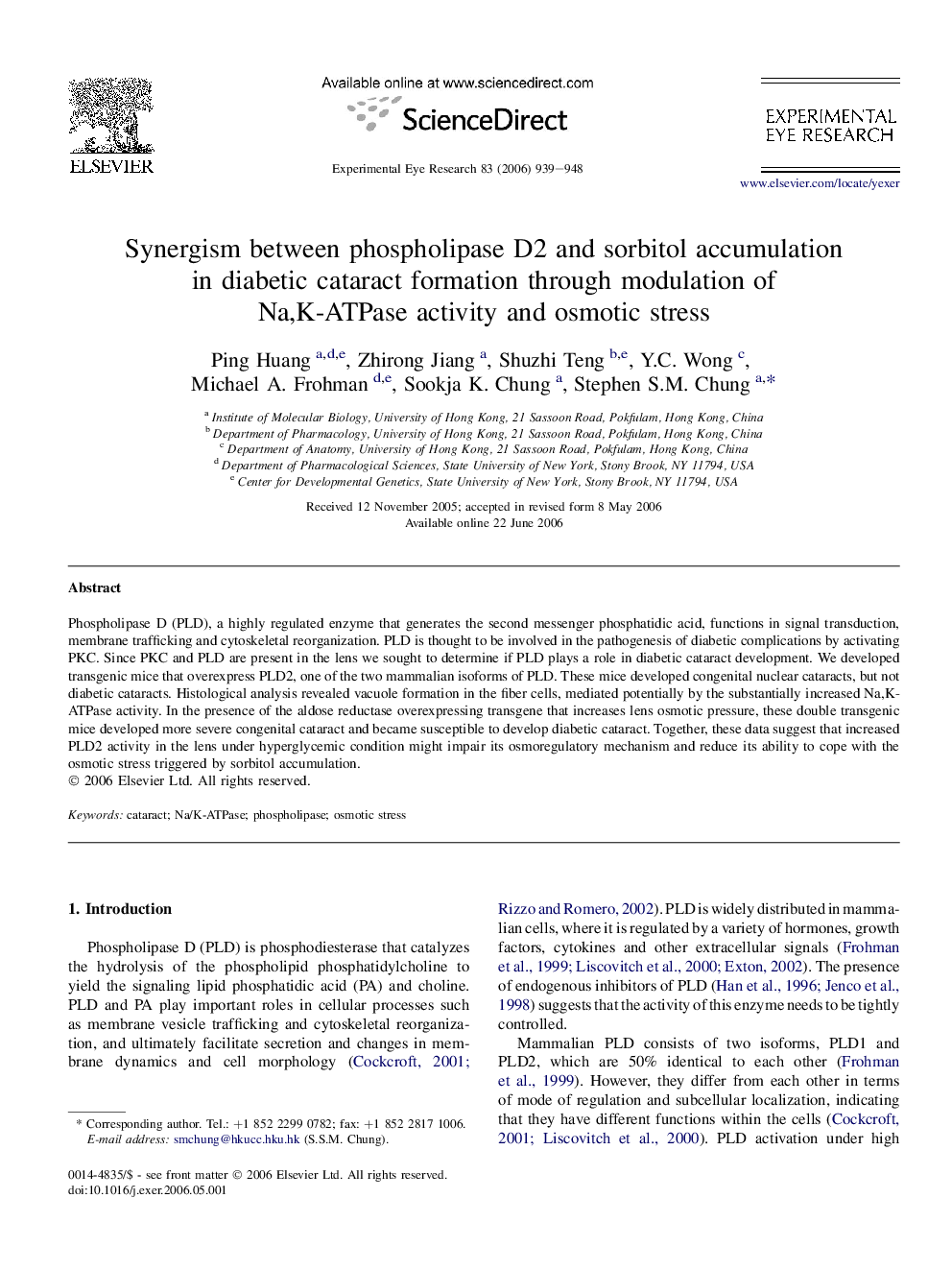 Synergism between phospholipase D2 and sorbitol accumulation in diabetic cataract formation through modulation of Na,K-ATPase activity and osmotic stress