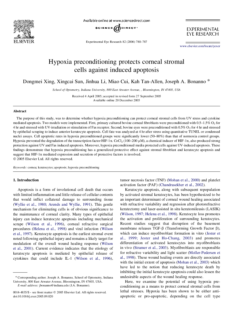 Hypoxia preconditioning protects corneal stromal cells against induced apoptosis