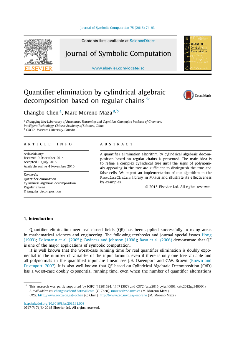 Quantifier elimination by cylindrical algebraic decomposition based on regular chains 