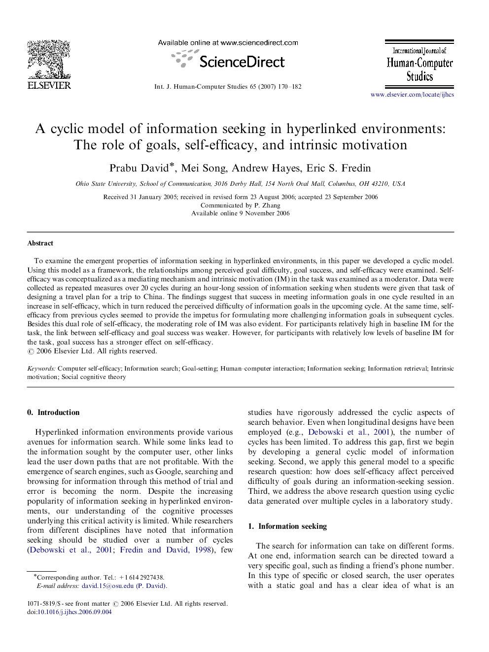 A cyclic model of information seeking in hyperlinked environments: The role of goals, self-efficacy, and intrinsic motivation