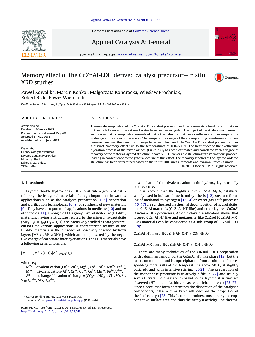 Memory effect of the CuZnAl-LDH derived catalyst precursor—In situ XRD studies