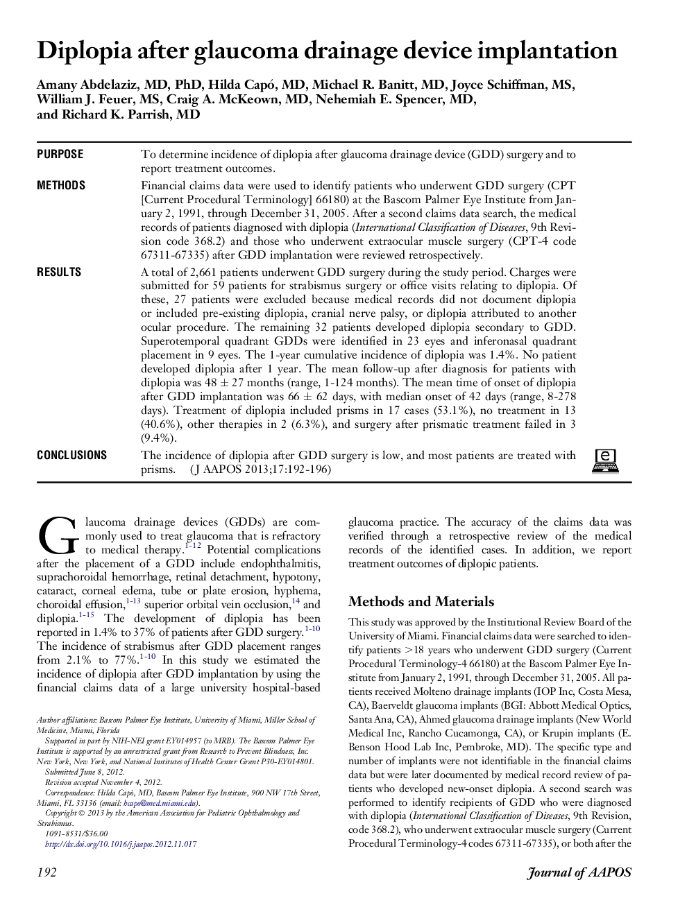 Diplopia after glaucoma drainage device implantation 