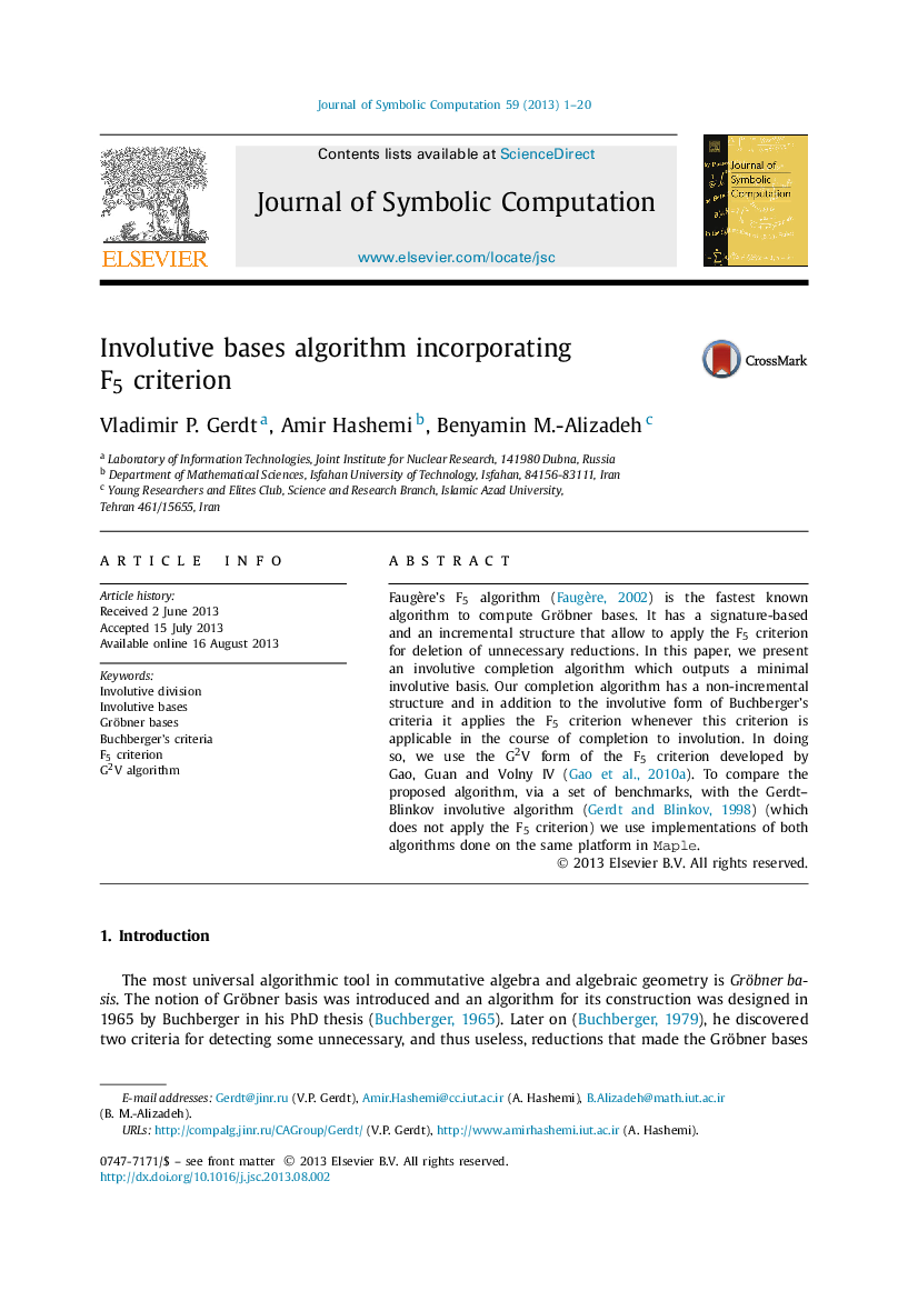 عکس صفحه اول مقاله: Involutive bases algorithm incorporating F5 criterion Involutive bases algorithm incorporating F5 criterion