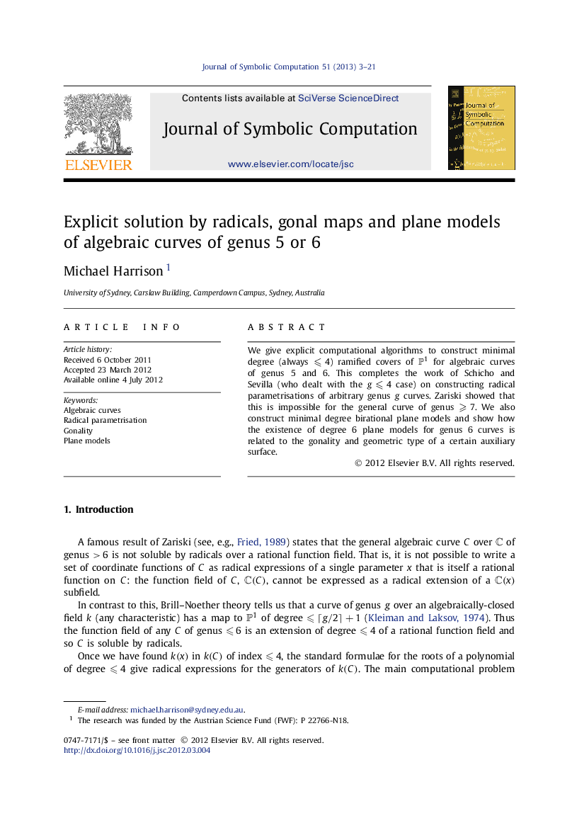 عکس صفحه اول مقاله: Explicit solution by radicals, gonal maps and plane models of algebraic curves of genus 5 or 6 Explicit solution by radicals, gonal maps and plane models of algebraic curves of genus 5 or 6