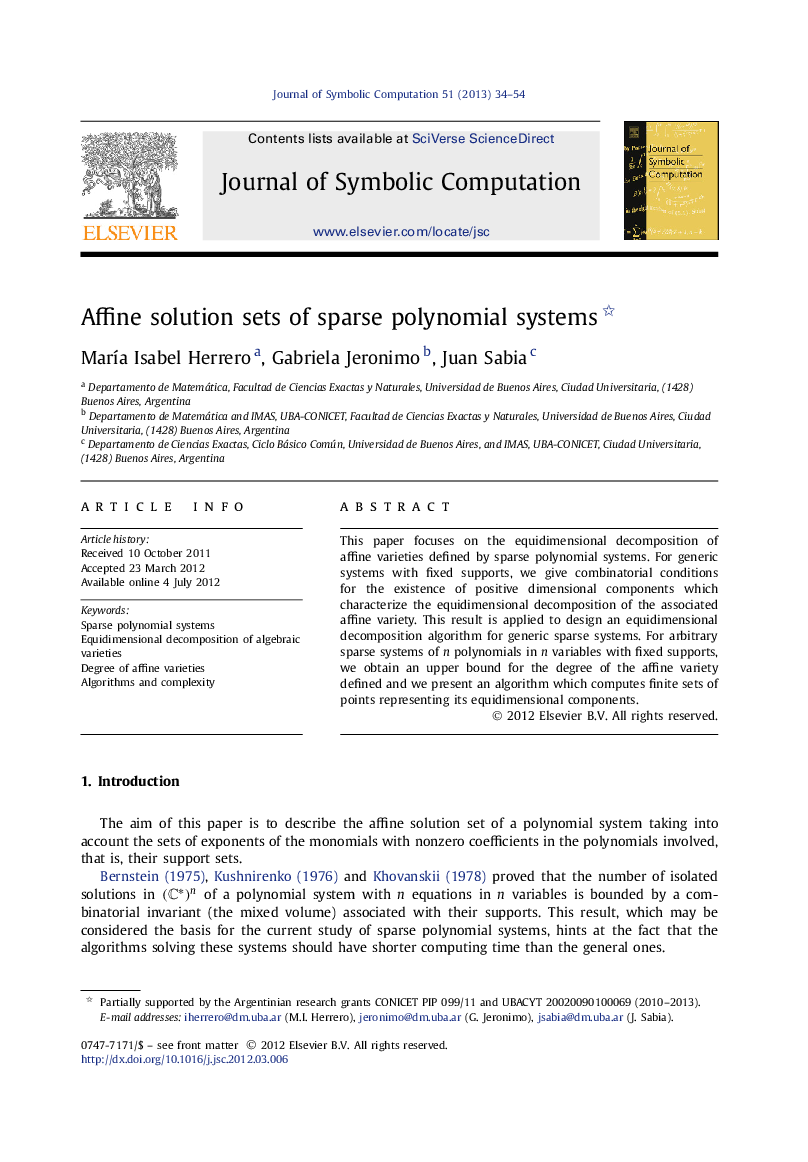 عکس صفحه اول مقاله: Affine solution sets of sparse polynomial systems Affine solution sets of sparse polynomial systems