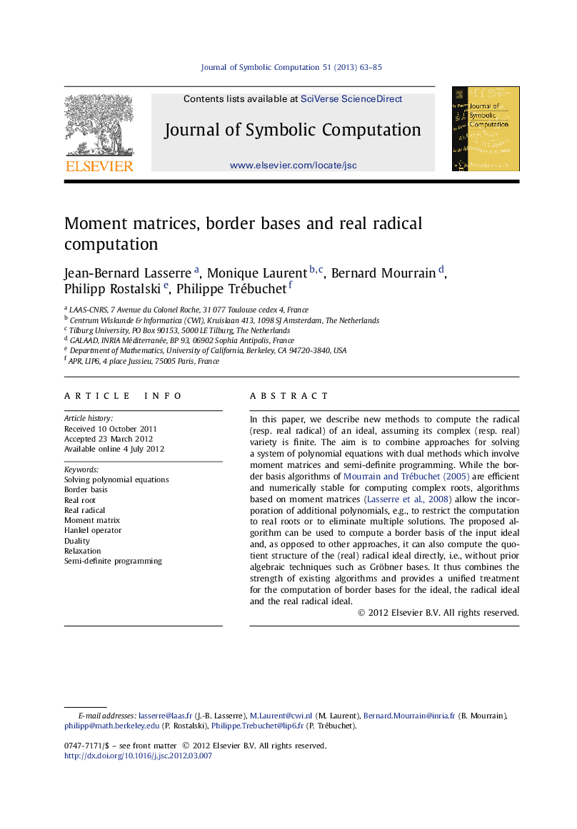 عکس صفحه اول مقاله: Moment matrices, border bases and real radical computation Moment matrices, border bases and real radical computation