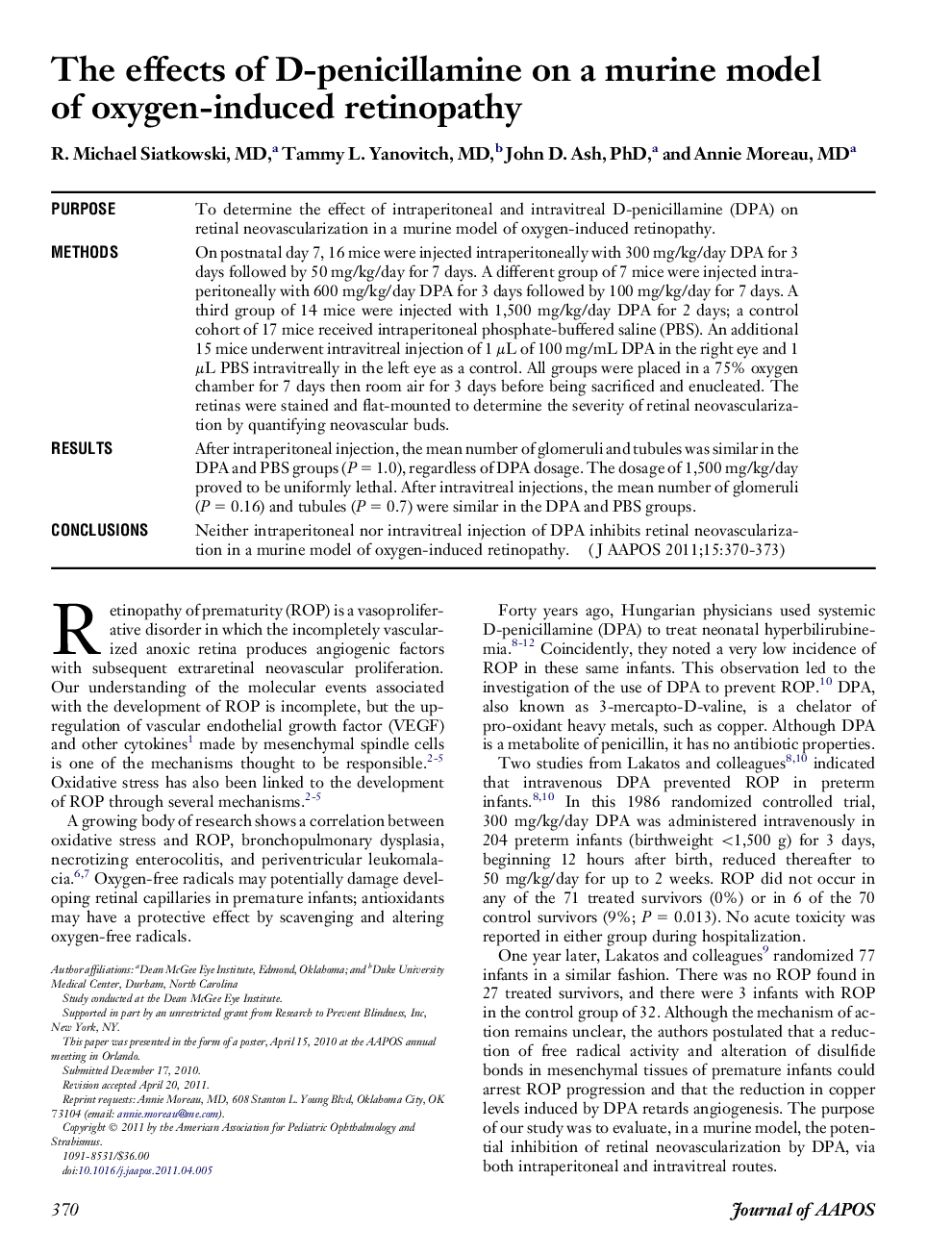The effects of D-penicillamine on a murine model of oxygen-induced retinopathy