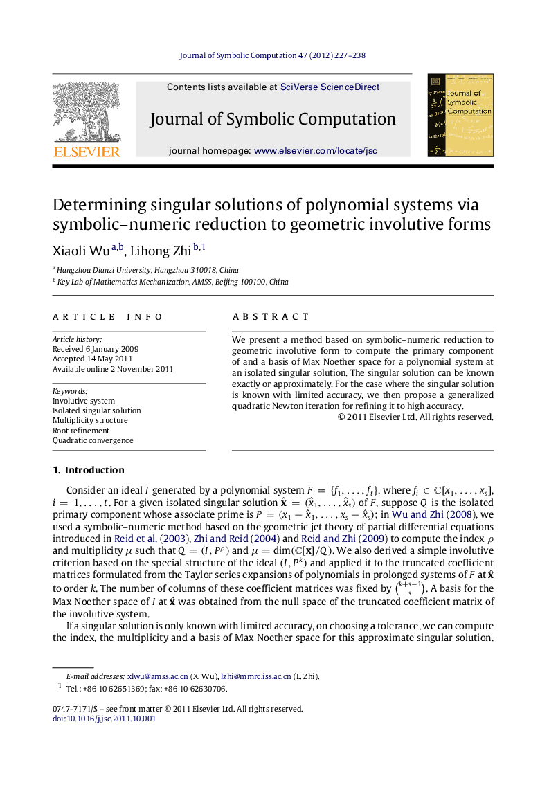 Determining singular solutions of polynomial systems via symbolic–numeric reduction to geometric involutive forms