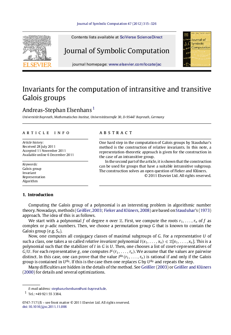 عکس صفحه اول مقاله: Invariants for the computation of intransitive and transitive Galois groups Invariants for the computation of intransitive and transitive Galois groups